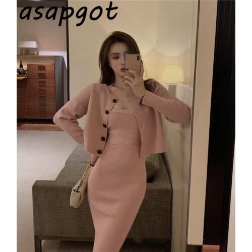 Temperament Sexy Wrap Hip Sleeveless Backless Halter Knitted Dress Slim V Neck Full Single Breasted Cardigan Thin Pink Sets