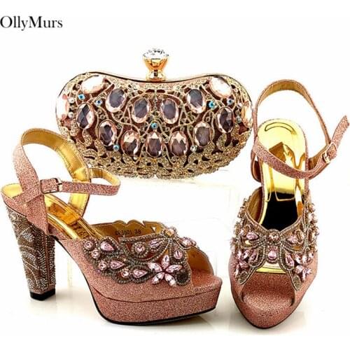 New Arrival Women Pumps Shoes And Bag To Match Set Summer Rhinestone High Heels 11CM Shoes And Bag Set For Wedding Party