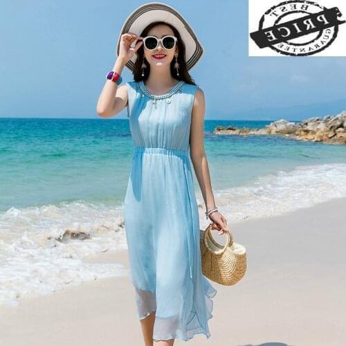 Silk Dress Real Women Long Beach Summer Dress Elegant Maxi Party Dresses Blue Office Vestidos Ladies Clothes 2021 LWL1aa0
