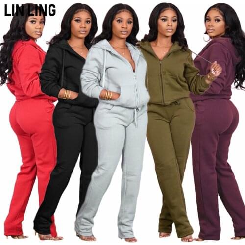 LINLING Winter Solid Color Hooded Plush Zipper Pocket Sweater + Straight Drawstring Pants Two Piece Outfits for Women