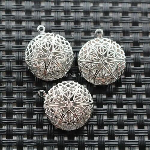 20mm Silver plated Circle Filigree Openable Essential Oil Aromatherapy Diffuser Photo Locket Frame Pendant Bulk Wholesale
