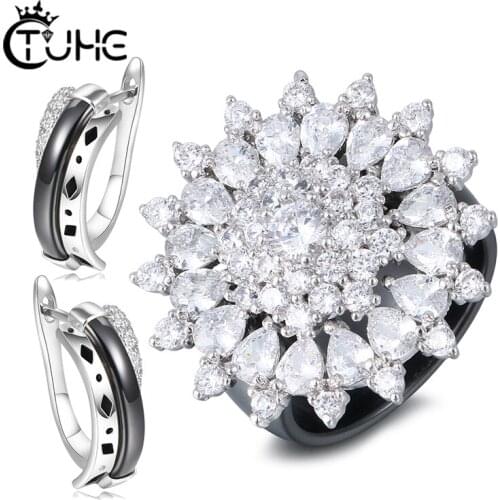 8MM Roman Jewelry Sets Healthy Ceramic Rings Stud Earrings Flower Jewelry Sets Women Wedding Ring Engagement Jewelry