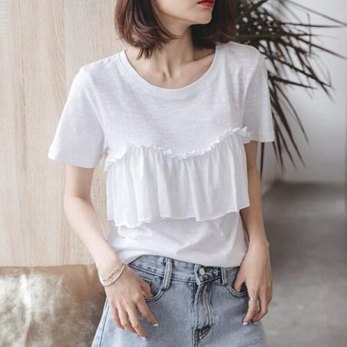 Ruffles White Cotton Women T-shirts 2021 Summer New O-neck Short-sleeved Loose Casual Female Pulls Tops Tees