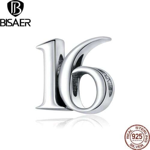 BISAER Numbers Beads 925 Sterling Silver Simple Numbers-16 Charms fit Silver Bracelets DIY Jewelry Making ECC1624