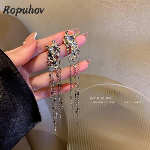 ROPUHOV 2021 New Korean Trendy Jewelry 925 Silver Needle Crystal Moonstone Tassel Earrings French Personality Earrings Long