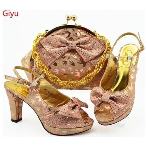 Doershow New Arrival African Wedding Shoes and Bag Set peach Italian Shoes with Matching Bags Nigerian Women party!!KO1-14