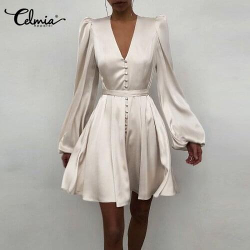 Celmia Elegant Satin Dress 2021 Women High Waist Long Sleeve Mini Sundress Sexy V-Neck Bandage Summer Solid Party Vestidos Robe