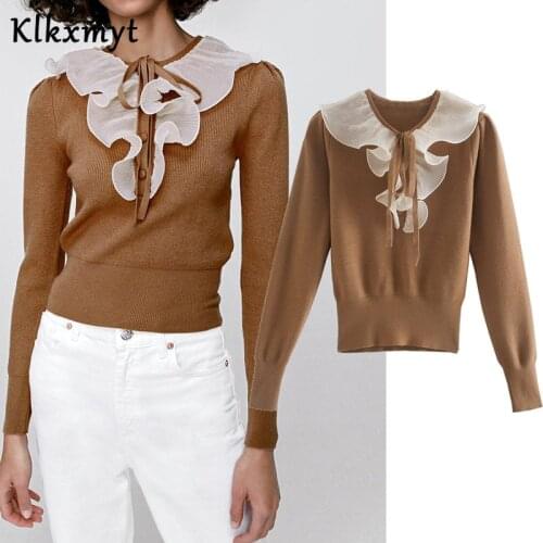 Klkxmyt Za Sweaters Women 2020 Fashion Corrugated Edge Splicing Knitted Sweater Vintage Long Sleeve Female Pullovers Chic Tops