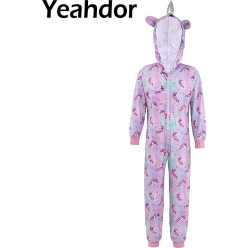 Kids Girls Boys Unisex Cartoon Horse Print Sleeping Jumpsuit Sleep Hooded with Horn Bodysuit Sleepwear Nightwear Home Wear