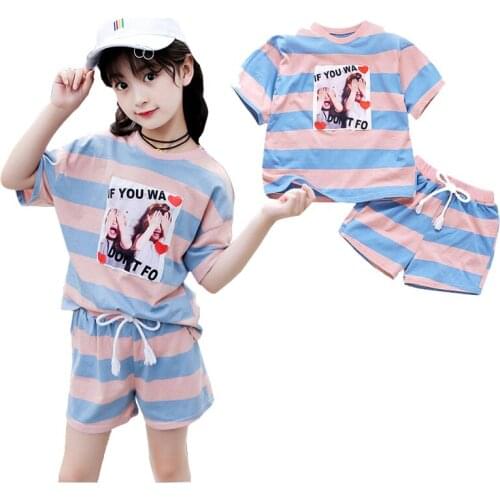 4 6 8 10 12 14 Years Kids Girls Clothing Set Summer Kids Girl Clothes Cute Cartoon T-shirt +Striped Bow Short Suit 2 pcs Clothes