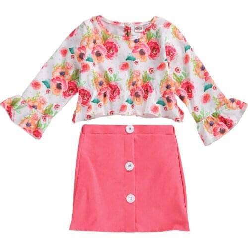 Kid Girl Cute Outfits Set Floral Print Ruffled Cuffs Long-Sleeves Top Shirt + Butt-Hugging Mini Skirt Outfit for Girl 1-5 Years