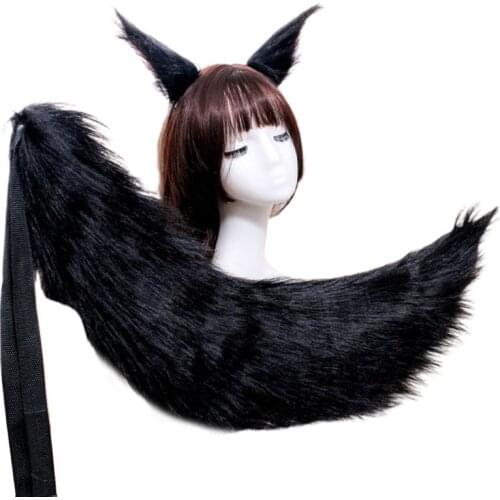 Japanese Anime Cosplay Costume Accessory Adult Kids Fluffy Plush Cat Wolf Ears Hair Clips Solid Color Long Animal Tail Halloween
