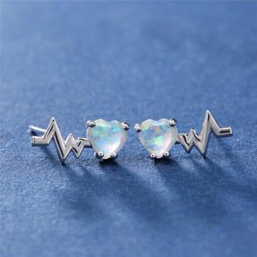 Creative Lightning Small Stud Earrings Cute Female White Blue Opal Heart Earrings Dainty Silver Color Wedding Earrings For Women