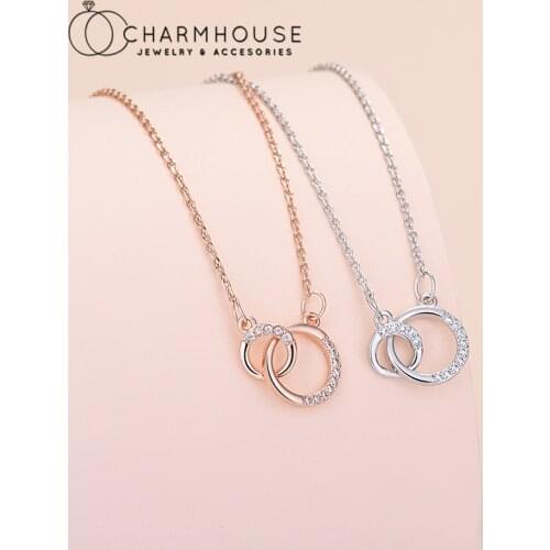 925 Silver Necklaces For Women Zirconia Double Circle Pendant & Necklace Chain Choker Collier Femme Wedding Jewelry Party Gifts