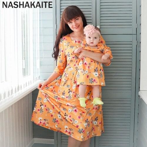 NASHAKAITE Mom and daughter dress Square Collar Yellow Floral Print Mommy and me clothes Family Look Mother and Daughter