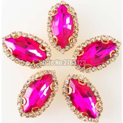 Horse eye shape rose red color falt back Crystal button,sew on Gold bottom rhinestones diy/Clothing accessories