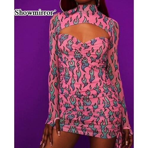 Showmorror Flame Print Hollow Out Women Mini Dress Long Sleeve GlovesRuched Bodycon Sexy Streetwear Club Gothic 33615