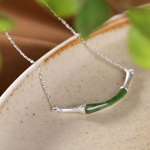 Sterling Silver Bamboo Elbow Hetian Jade Girlfriends Collarbone Flower Jade Sweater Necklace Female Light Luxury Minority Two-Pe