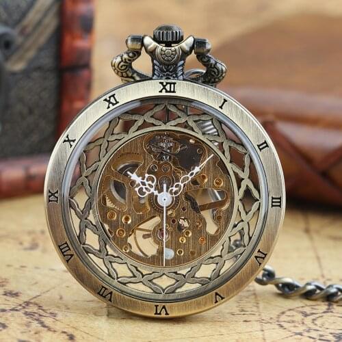 Vintage Transparent Hollow Design Mechanical Pocket Watch Unisex Antique Fob Pendant Chain PocketWatch Hand Wind Clock Gift