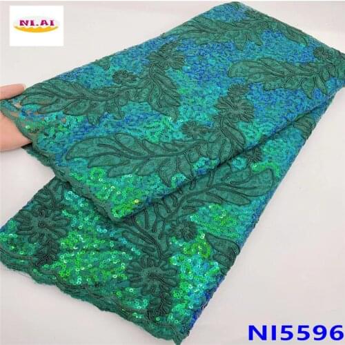 Green Nigerian African Sequins Lace Fabrics 2021 High Quality Lace Material French Tulle Lace Fabric For Dress Sewing NI5596-1