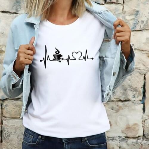 Women T-shirt Fashion Cartoon Coffee Electrocardiogram Pattern Graphic T Shirt Simple Casual Round Neck Short-sleeve Lady Tshirt