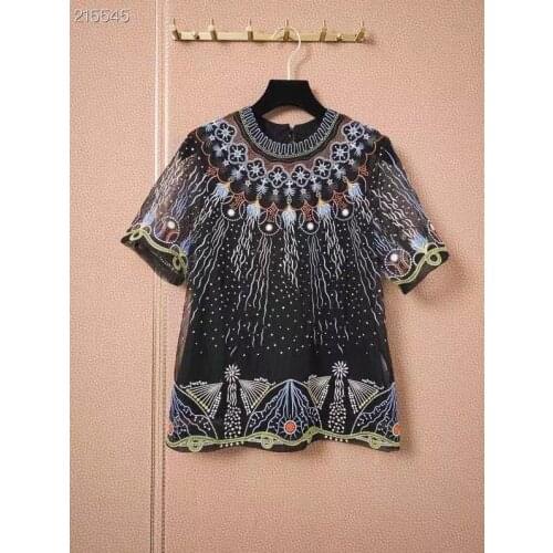 2021 Designer Fashion Summer Shirt Runway New Mesh Embroidery Women Short Sleeves Black High Quality Shirt