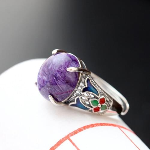 Fashion Silver Wholesale S925 Sterling Silver With Natural Charoite Rings Open Ended Vintage Thai Silver Women Rings