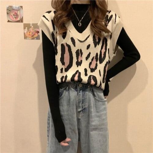 Fashion Sweater Vest Women 2021 Korean Style Vintage Leopard V Neck Sleeveless Pullover Waistcoat Knitted Tank Top T668