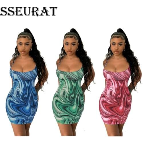 SSEURAT Women Mini Dress Print Sleeveless Strap Bodycon Dresses Sexy Night Club Party Vestidos Summer
