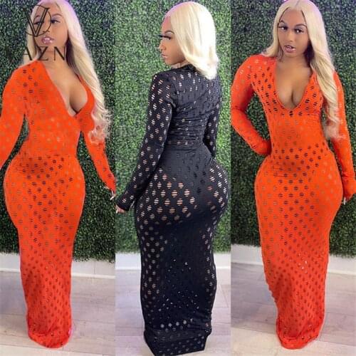 VAZN 2021 Spring High-end Sexy Night Club Solid Hollow Out Open Deep V-Neck Full Sleeve High Waist Women Pencil Maxi Dress