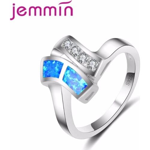 Women Unique Crooked Silver Ring Fahsion 925 Sterling Silver Jewelry Blue Opal Ring Sparkling Brand Loop for Engagement