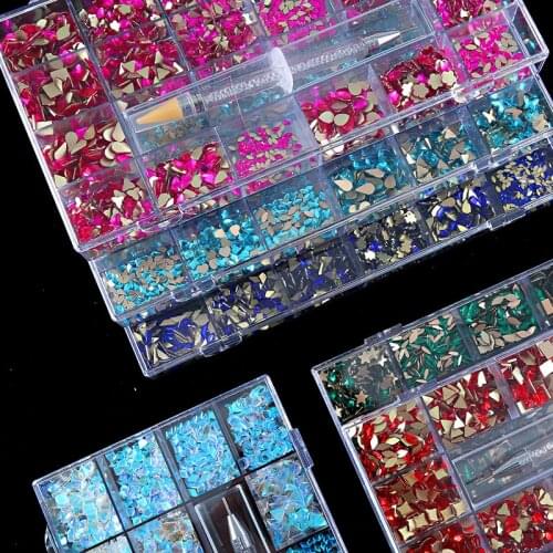 1Box Mix 20 Styles Flatback Rhinestone In Grids Crystals 3D Nail Art Flat-Back Stones Gems + 1 pick pen In Clear Big Box H