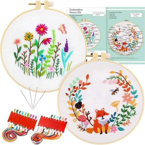 2 Sets Full Range of Embroidery Starter Kit with Floral Animal Pattern, Color Threads and Tools