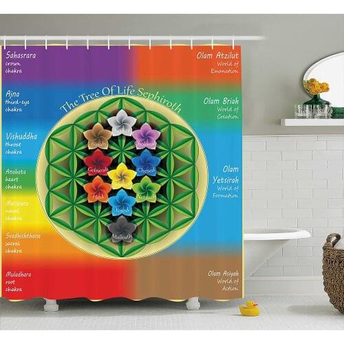 Abstract Shower Curtain Tree of Life Chart with Spiritual Chakra and Universe Icons Flowers Yoga Bath Curtains For Bathroom