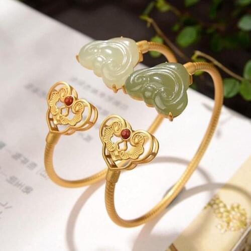 Blessing Within Sight Bracelet Retro Ruyi Womens Opening Bracelet Original Special Jewelry Silver Gilding Hetian Jade Gray Jade
