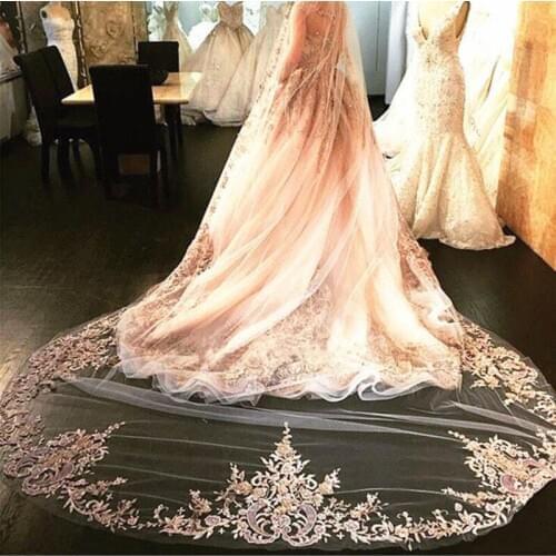 Lace Cathedral Bridal Veils Champagne Long Applique Bead Custom Made High Quality Wedding Veils With Combs Three Colors