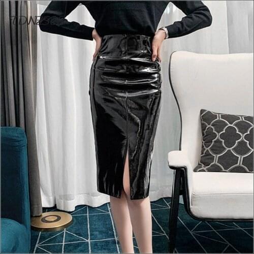 Faux Shiny Latex Leather Skirts Women Summer High Waist PU Leather Midi Skirt Office Lady Bodycon Fashion Hem Split Skirt Custom