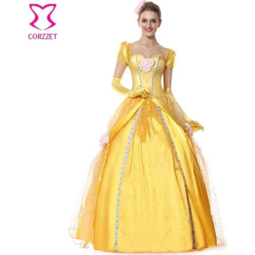 Cosplay Women Deluxe Beauty and the Beast Princess Belle Costume Floral Applique Yellow Satin Fancy Ball Gown Halloween Costumes