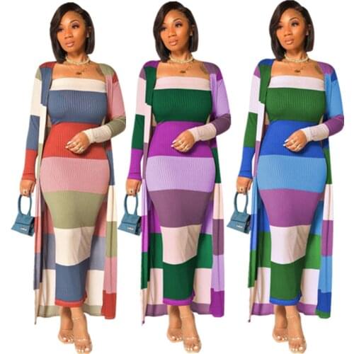 Multi Color Knitted Sexy 2 Pieces Set Women Winter Striped Club Outfit Cardigan Long Coats Top + Dress Set Elegant Tracksuit