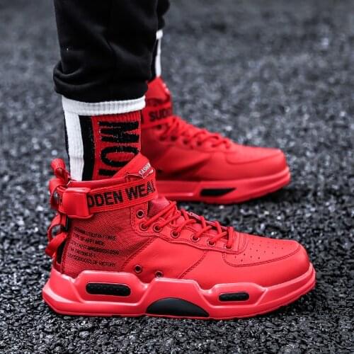 Bomlight Handsome Letter Strap Design Couple Shoes Cool High Top Vulcanize Shoes Men Leisure PU Leather Breath Size 47 Canvas