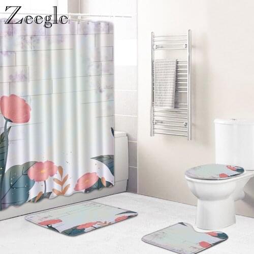 Zeegle Cartoon Bath Mat Set Creative Bathroom Mat Anti Slip Toilet Floor Carpet Polyester Cover Mat Waterproof Toilet Curtain