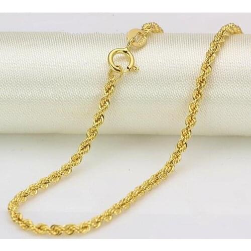 New Real 18k Yellow Gold Chain Women Men Luck 2mmW Rope Chain Necklace