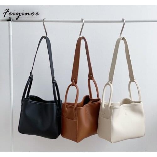 Solid Color Small Women Handbags Korean Style Designer Ladies Bucket Bag PU Leather Soft Female Shoulder Bag Sets Lunch bag 2021