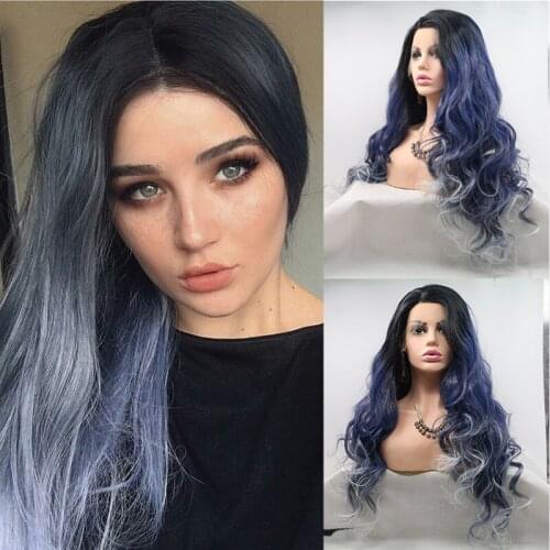 Synthetic Lace Front Wig Curly Body Wave Highlight Ombre Black Dark Blue White Frontal Cosplay Lolita Hair Wigs For Black Women
