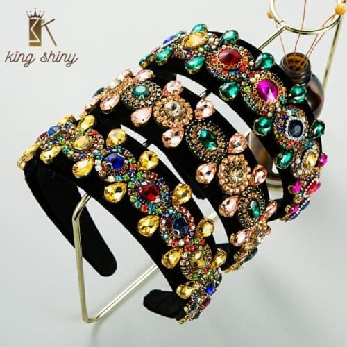 Luxury Baroque Multi Color Crystal Headband for Woman Elegant Shiny Rhinestone Padded Black Velvet Hairband Girls Party Headwear