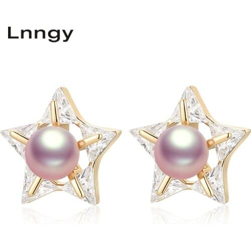 Lnngy 14K Gold Filled Star Stud Earrings 6-6.5mm Natural Freshwater Pearl Star Stud Earrings Women Party Earrings Fine Jewelry
