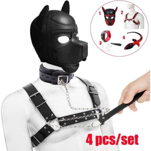 SM Pet Party Mask Puppy Play Dog Hood Mask,Leather Mens Chest Harness Strap,Dog Tail Plug,Pup Collar Dog Slave RolePlay Sex Toy