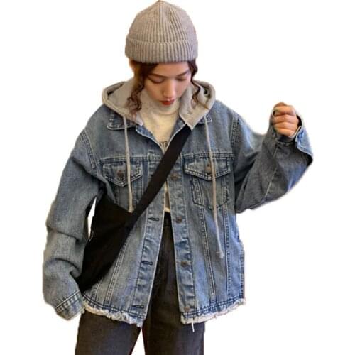 Womens Denim Jacket 2020 Spring Autumn Hooded Coat Basic Loose Long Sleeve Outwear Streetwear Women Clothes Jeans Jacket