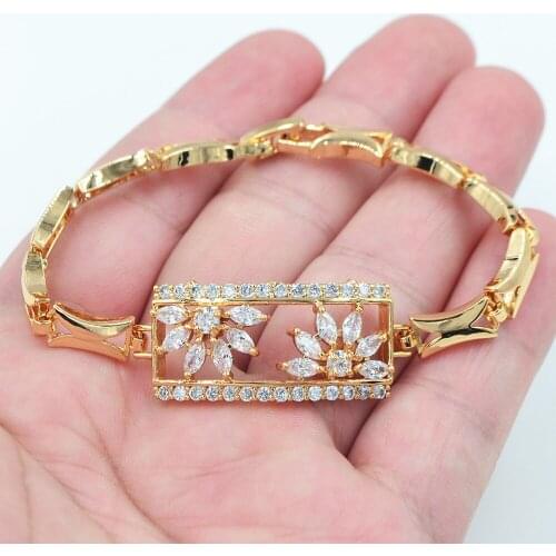 Gold Color AAA+ Cubic Zirconia Women Fashion Clear Geometric Square CZ Flower Charm Bracelet Jewelry