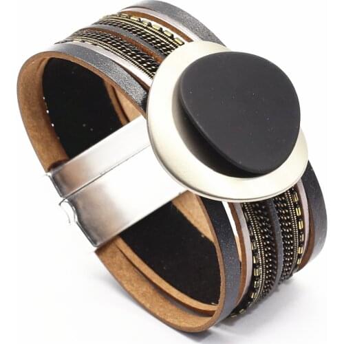 Big Round Black Chain Leather Design Trendy Wide Leather Bracelets Women Fashion Girl Bangle Female Jewelry New Design